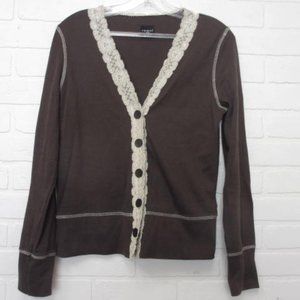 Tribal Brown Dotted Jersey Knit Button Up Cardigan Cream Lace Trim Size Medium
